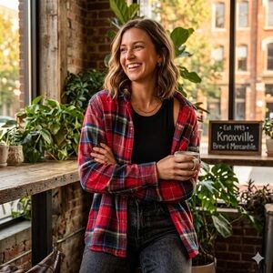 American Eagle Red Plaid Boyfriend Button-Up